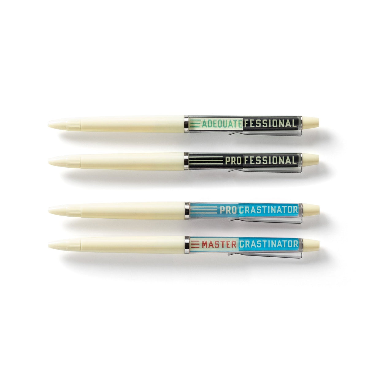 The Brass Monkey Professional Procrastinator Floaty Pen Set features four white ballpoint pens with black ink, each labeled in colorful text: ADEQUATE FESSIONAL, PROFESSIONAL, PROCRASTINATOR pen, and MASTER CRastinator.