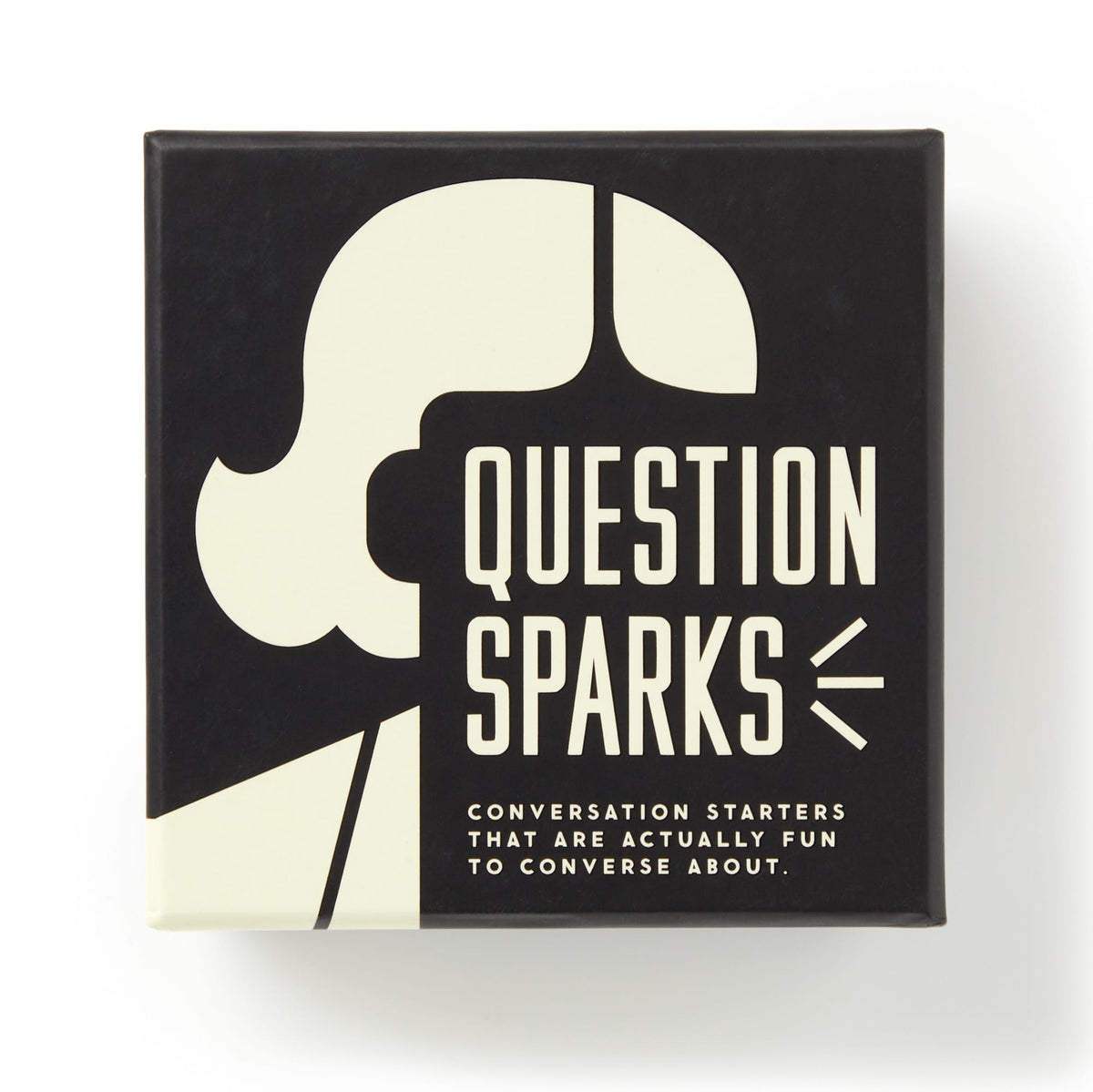 Brass Monkey’s Question Sparks is a black and cream box with a stylized face, offering fun conversation starters—question cards on entertaining topics—all packed inside.