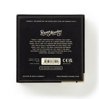 The back of the black Brass Monkey Question Sparks box displays product info, a barcode, witty text about fun question cards, plus the Brass Monkey logo, address, ISBN, and certification logos.