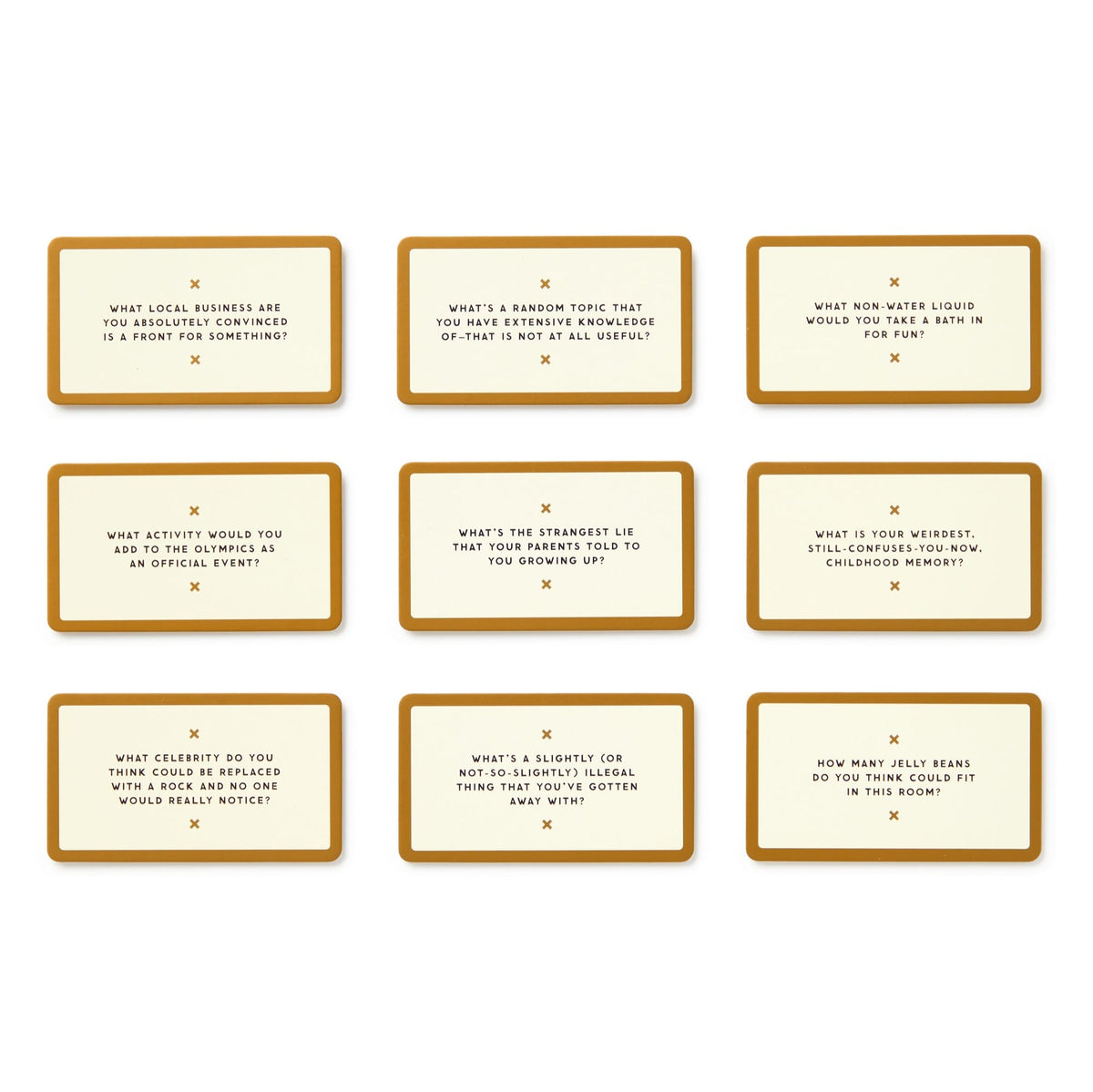 Question Sparks by Brass Monkey features nine brown-bordered cards, each with a unique prompt in black text. Arranged in three rows of three on a white background, these conversation starters spark fun topics for any group.