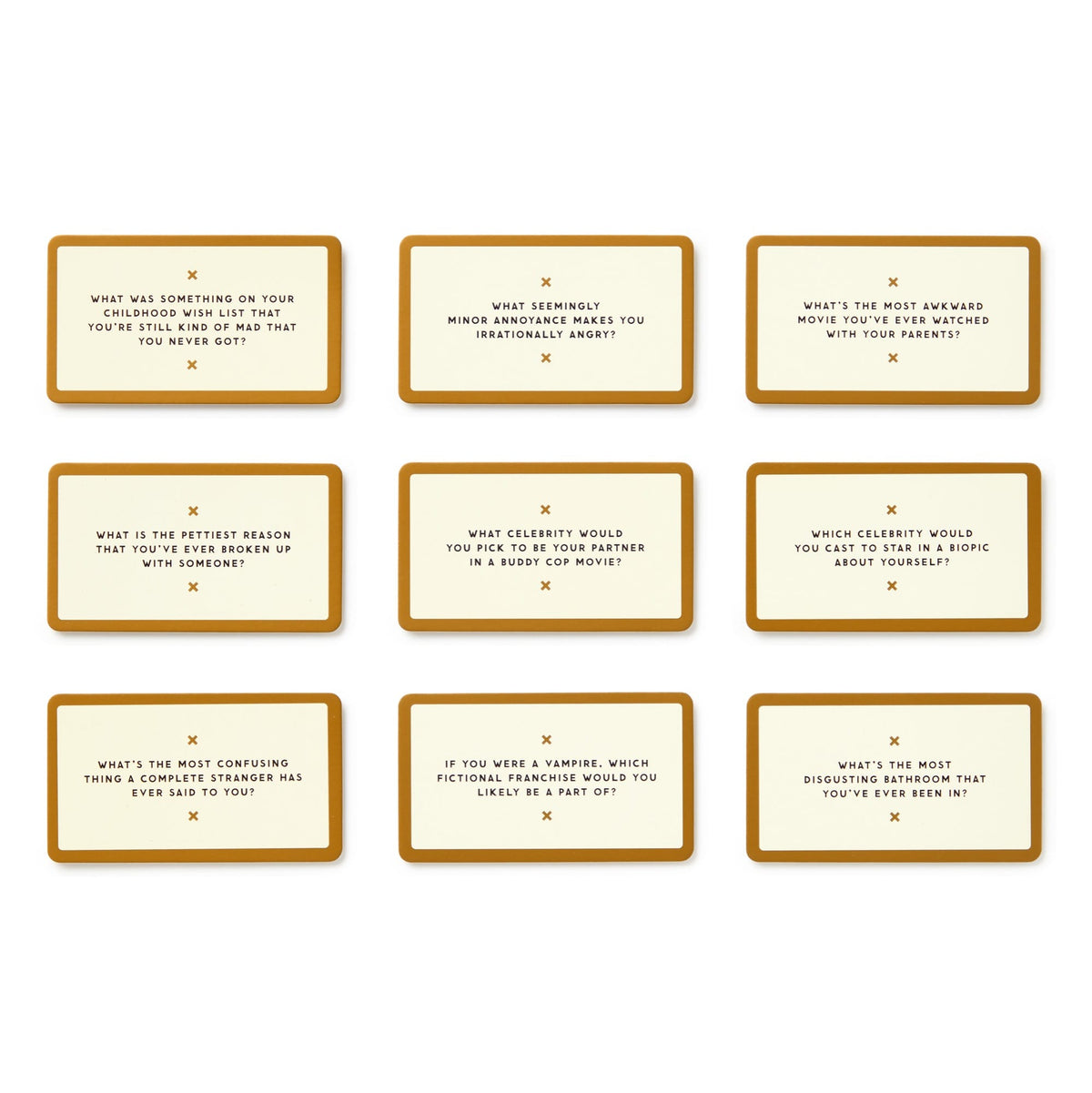 Nine Brass Monkey “Question Sparks” cards with brown borders are arranged in three rows of three, each displaying an entertaining conversation starter in uppercase on a white background.