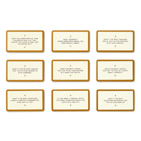 Nine Brass Monkey “Question Sparks” cards with brown borders are arranged in three rows of three, each displaying an entertaining conversation starter in uppercase on a white background.