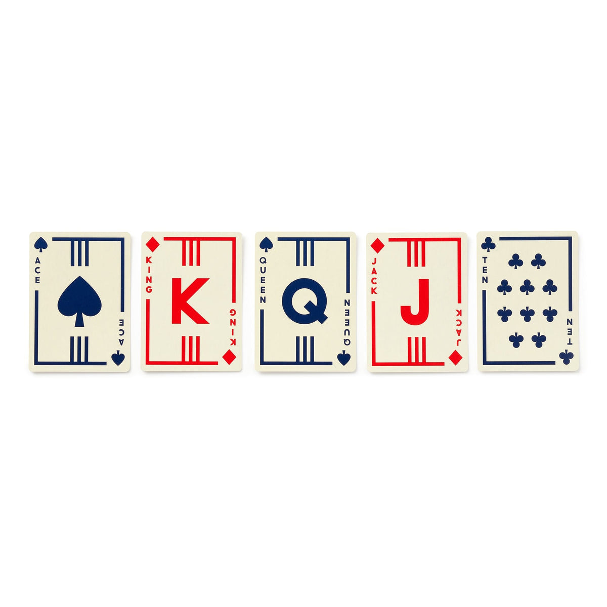 Five cards—Ace of spades, King of hearts, Queen of clubs, Jack of hearts, and Ten of clubs—from Brass Monkeys Raise The Stakes Poker Game Set feature minimalist designs with mostly red or blue text and symbols.