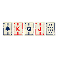 Five cards—Ace of spades, King of hearts, Queen of clubs, Jack of hearts, and Ten of clubs—from Brass Monkeys Raise The Stakes Poker Game Set feature minimalist designs with mostly red or blue text and symbols.