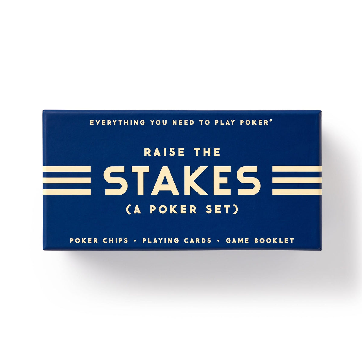 A rectangular blue box labeled Raise The Stakes Poker Game Set by Brass Monkey with white text. The contents include a deck of cards, poker chips, and a game booklet—everything you need to play.