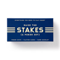 A rectangular blue box labeled Raise The Stakes Poker Game Set by Brass Monkey with white text. The contents include a deck of cards, poker chips, and a game booklet—everything you need to play.