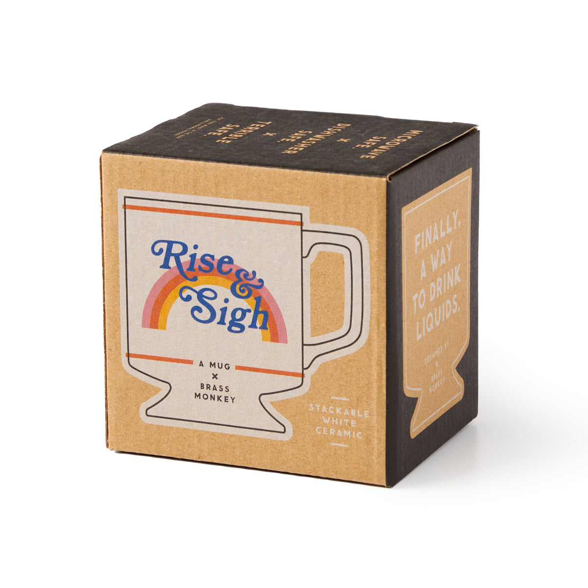 The Rise & Sigh Pedestal Mug by Brass Monkey comes in a box with a colorful Rise & Sigh design and the phrase, Finally. A way to drink liquids. This stackable ceramic mug adds vintage charm to your coffee moments.