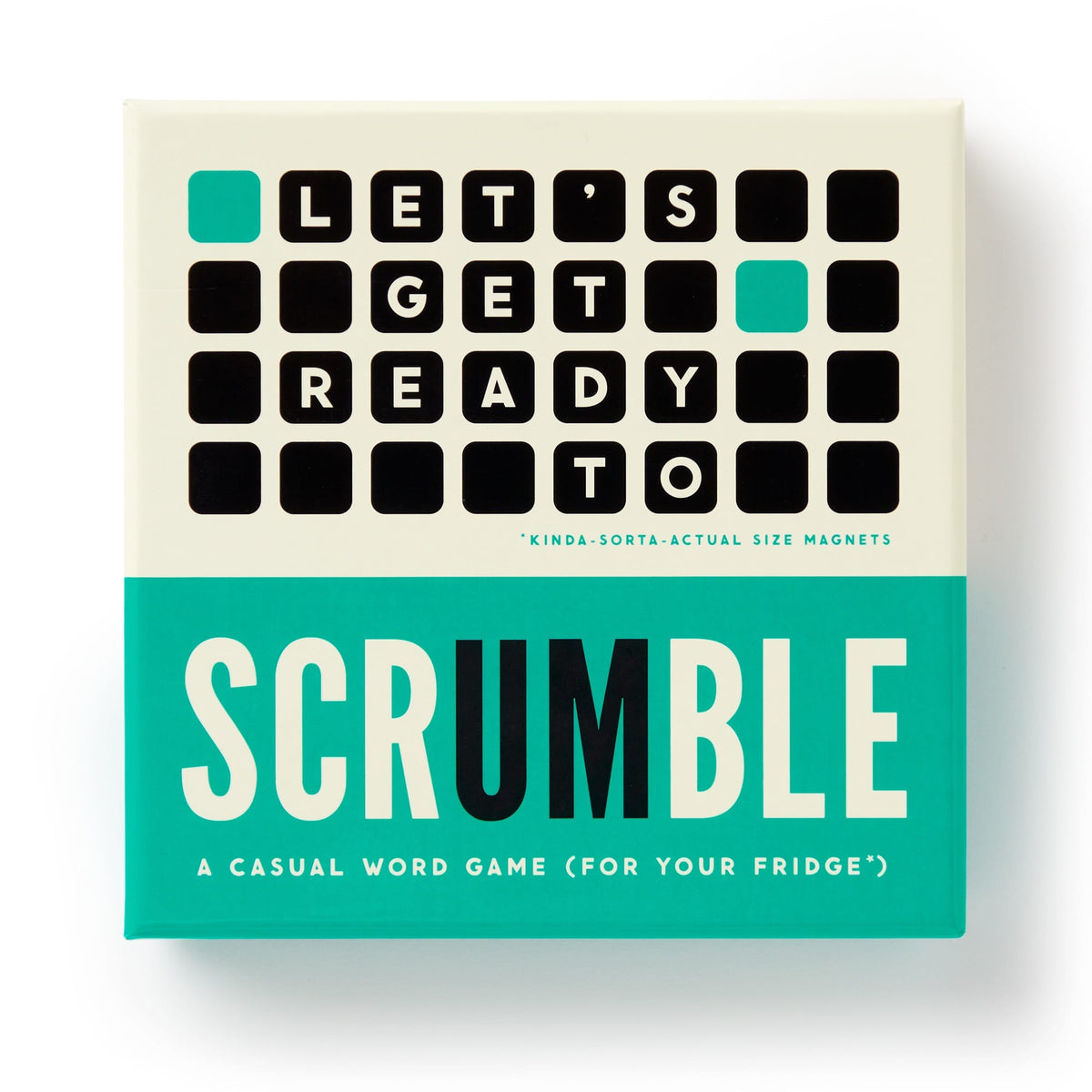 The Scrumble Magnetic Fridge Game by Brass Monkey features black and teal squares spelling “LETS GET READY TO SCRUMBLE.” Its bold, modern design makes it a fun, casual word game for fans of crossword-style puzzles.
