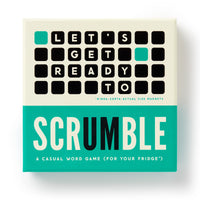 The Scrumble Magnetic Fridge Game by Brass Monkey features black and teal squares spelling “LETS GET READY TO SCRUMBLE.” Its bold, modern design makes it a fun, casual word game for fans of crossword-style puzzles.