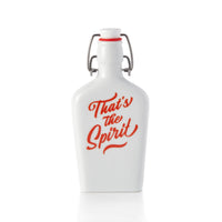 The Brass Monkey Thats The Spirit Porcelain Flask is a vintage-inspired flask with a swing-top lid, metal clasp, and red “That’s the Spirit” text on the front.