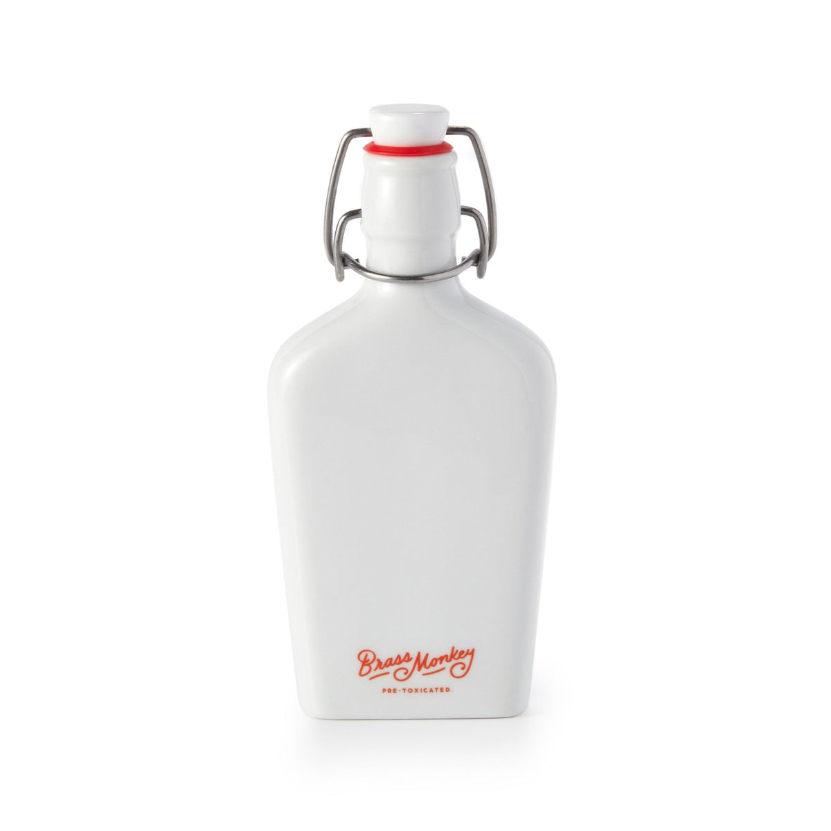 The Thats The Spirit Porcelain Flask by Brass Monkey is a vintage-inspired white flask with a swing-top lid and red seal. Brass Monkey Pre-Tonicate is printed in orange near the base on the front.
