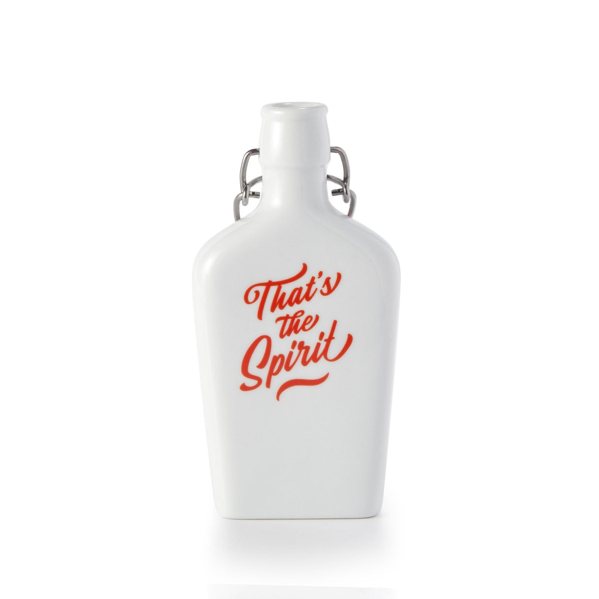 The Brass Monkey Thats The Spirit Porcelain Flask is a vintage-inspired white flask with a swing-top lid, featuring Thats the Spirit in bold red cursive text on the front.