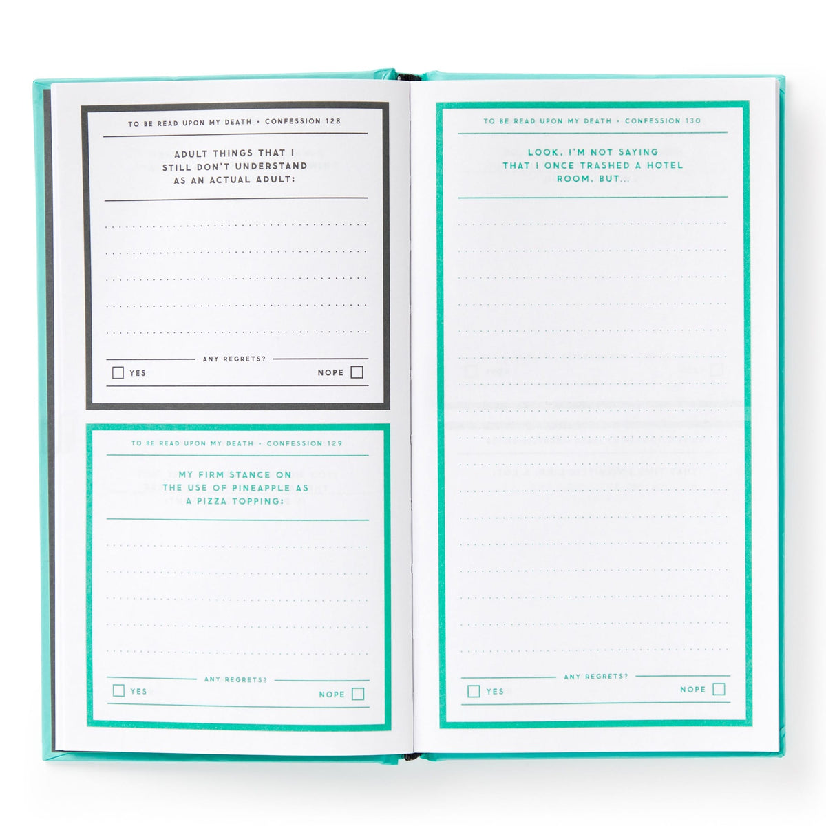 The To Be Read Upon My Death Journal by Brass Monkey is an open-prompted journal featuring quirky life-story prompts and regrets checkboxes, such as “Adult things that I still don’t understand” and “My stance on pineapple as a pizza topping.”.