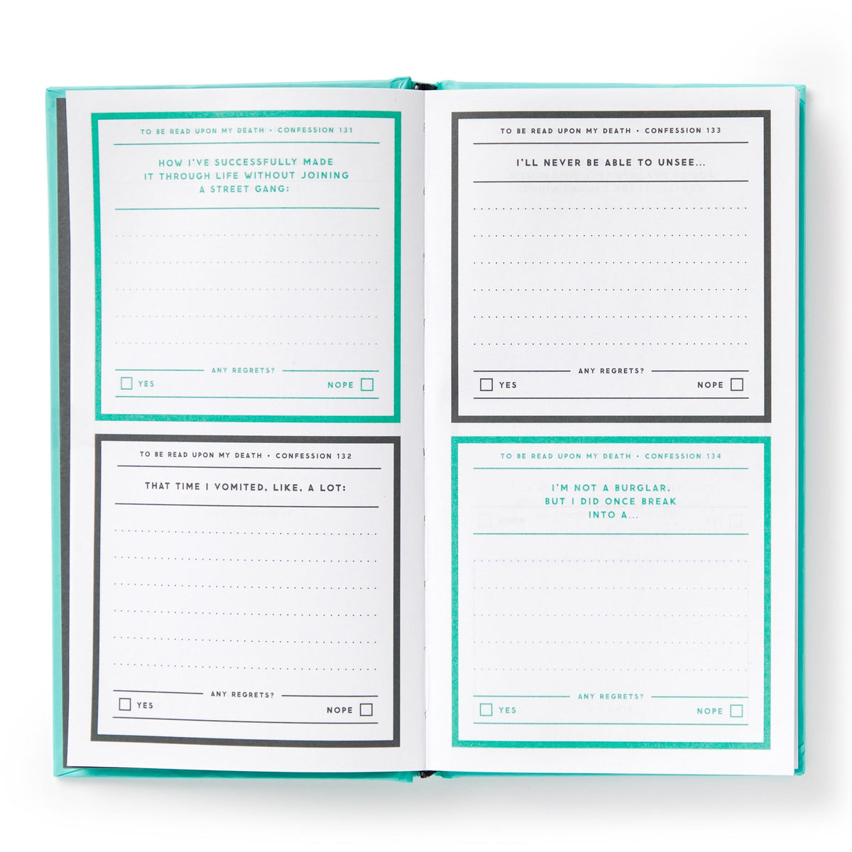 The Brass Monkey To Be Read Upon My Death Journal features a teal cover, four life-story prompts with lined pages and Yes/No regrets checkboxes—perfect for reflective confessions to leave behind.