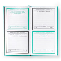 The Brass Monkey To Be Read Upon My Death Journal features a teal cover, four life-story prompts with lined pages and Yes/No regrets checkboxes—perfect for reflective confessions to leave behind.