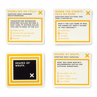 Trivial Drinking Trivia by Brass Monkey features four square cards with yellow and black borders. Each card offers fun questions about champagne, famous TV bars, hangover tips, and tricky categories to keep players guessing!.
