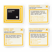Trivial Drinking Trivia by Brass Monkey features four yellow-bordered square cards with quirky drinking trivia, fun topics like Strange Brew and Hollywood Endings, misleading categories, and celebrity-inspired questions.