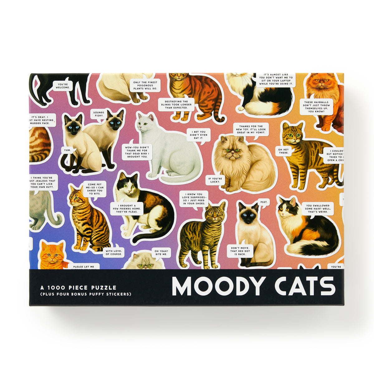 The Brass Monkey Moody Cats 1000 Piece Puzzle features humorous cat illustrations with speech bubbles expressing various moods, set against a vibrant purple, orange, and pink gradient background.