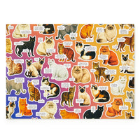 A vibrant collage of illustrated cats with funny speech bubbles stands out on a gradient orange-purple background—ideal for fans of the Brass Monkey Moody Cats 1000 Piece Puzzle or anyone who enjoys humorous cat jigsaws.