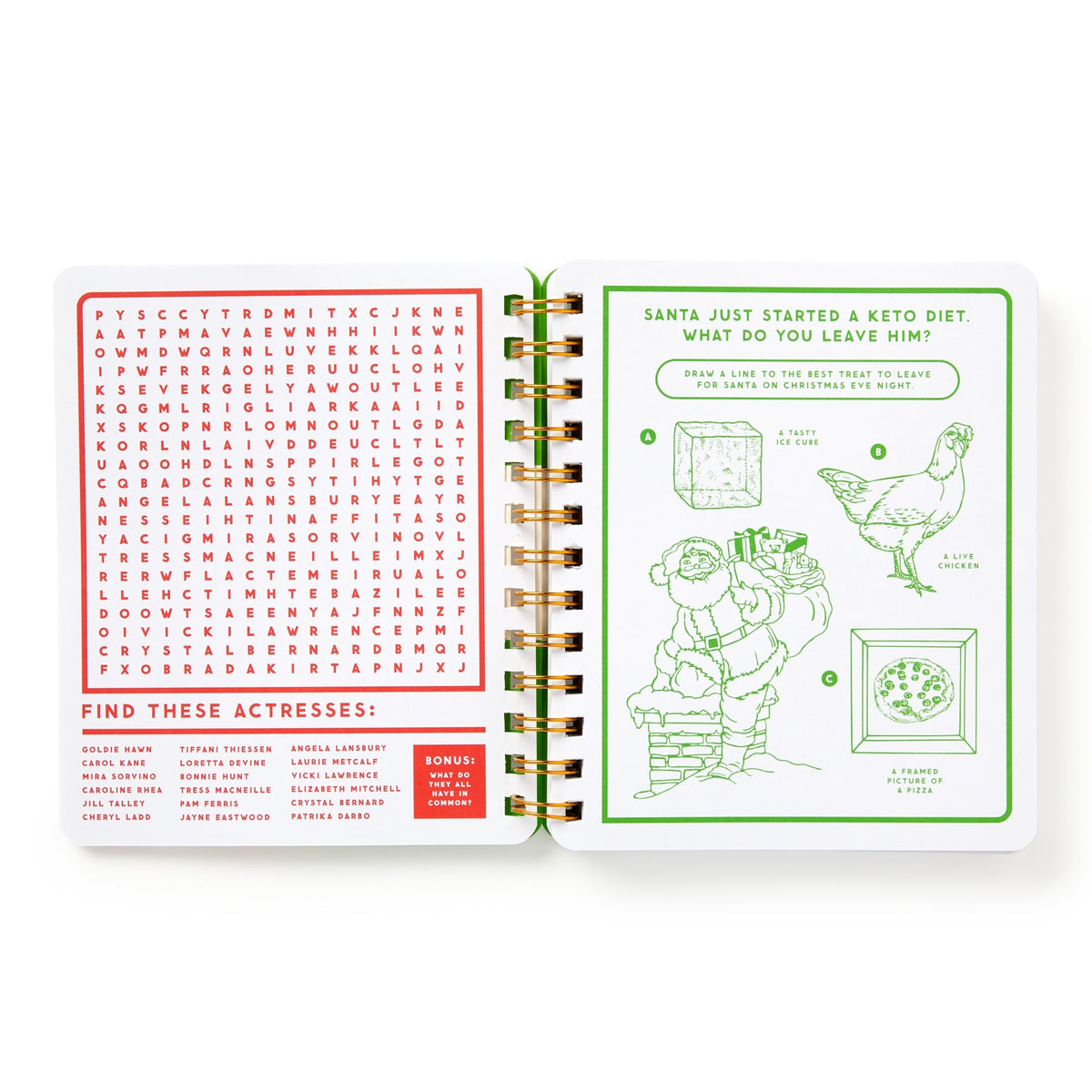 The Beyond Bored At The Holidays activity book by Brass Monkey features a spiral binding, a festive word search on the left, and a chicken-with-Santa line drawing puzzle on the right, with red and green art and text on white pages.