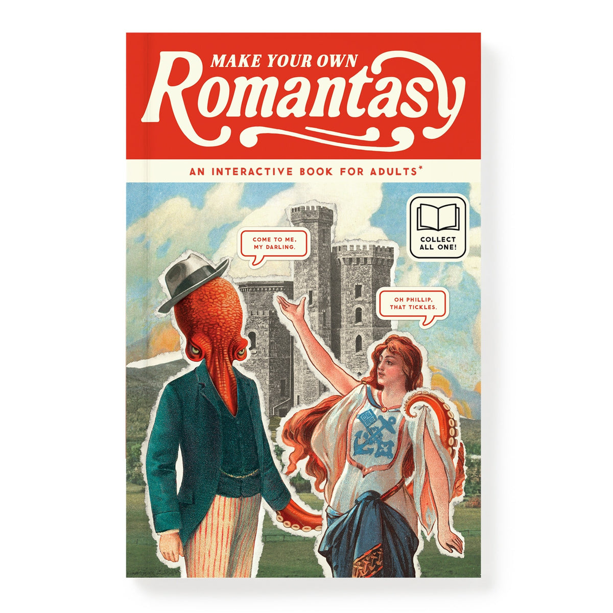 Make Your Own Romantasy Book by Brass Monkey: cover art features a woman in classical dress holding hands with a humanoid octopus in a suit and hat before a castle, plus speech bubbles for added humor.