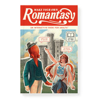 Make Your Own Romantasy Book by Brass Monkey: cover art features a woman in classical dress holding hands with a humanoid octopus in a suit and hat before a castle, plus speech bubbles for added humor.