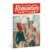 The Brass Monkey Make Your Own Romantasy Book cover features a woman in medieval attire reaching for a castle and talking to an octopus-headed figure in a suit. Speech bubbles read, "Come to me, my darling," and "Oh, Phillip, that peculiar hat!.