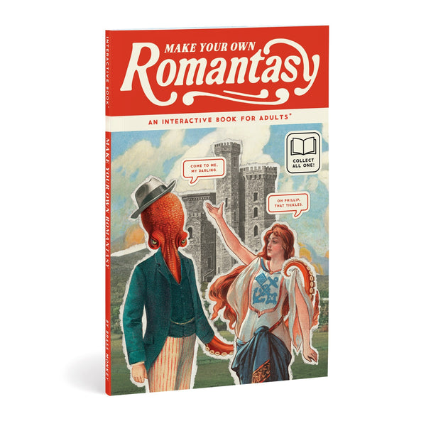 The Brass Monkey Make Your Own Romantasy Book cover features a woman in medieval attire reaching for a castle and talking to an octopus-headed figure in a suit. Speech bubbles read, "Come to me, my darling," and "Oh, Phillip, that peculiar hat!.