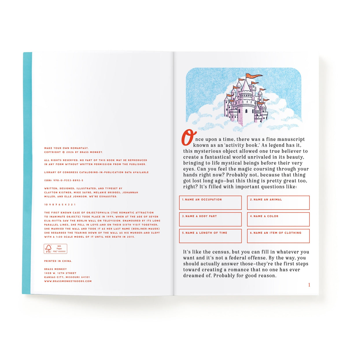 The Make Your Own Romantasy Book by Brass Monkey features an open book: the left page shows publishing details, while the right page displays a castle-in-the-clouds illustration above story prompts for occupation, animal, color, body part, time, and name.