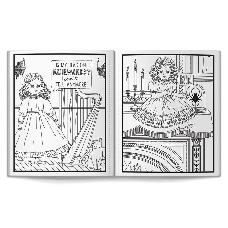 Two pages from the Brass Monkey Haunted Dolls Coloring Book show a Victorian girl: first by a harp and cat near the phrase “Is my head on backwards? I can’t tell anymore,” then sitting by a spider with the word “RUN.”.