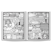 A black-and-white illustration from the Brass Monkey Haunted Dolls Coloring Book features shelves of vintage dolls, dishes, and figurines with signs reading “We may be possessed” and “Still safer than thrift store shoes.”.