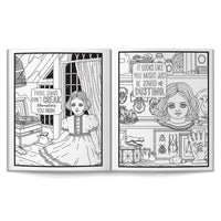 From Brass Monkey’s Haunted Dolls Coloring Book: two pages show a spooky doll in an old room, with captions “Those stairs don’t creak themselves, you know,” and “It looks like you might just be scared of dusting.”.