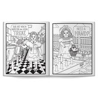 The Haunted Dolls Coloring Book by Brass Monkey features a girl serving a platter with a head in a diner, captioned “Our last health inspector was a real treat.” Another page shows her in a hand garden with the text “Need a hand?”.