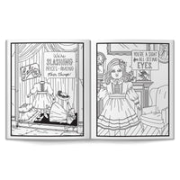 Discover the Haunted Dolls Coloring Book by Brass Monkey: black-and-white pages feature dolls near a store with a “We’re slashing prices—among other things!” sign and a doll in a room with “You’re a sight for all-seeing eyes.”.