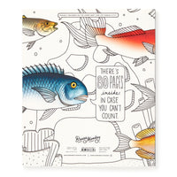 Back cover of the Judgy Fish Coloring Book by Brass Monkey: colorful fish swim among black-and-white coral outlines. Text reads, "There’s 80 pages inside in case you can’t count." Brass Monkey branding appears at the bottom.