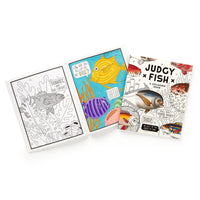 Three pages from the Brass Monkey Judgy Fish Coloring Book: one fully colored, one partly colored, and one uncolored underwater scene with witty, judgmental fish.