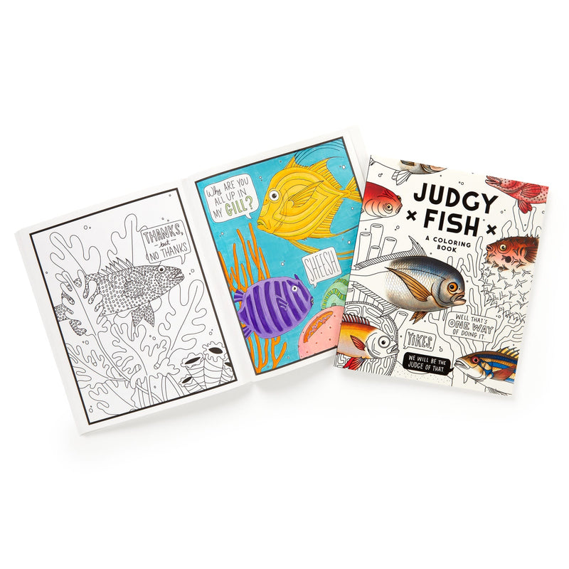 Three pages from the Brass Monkey Judgy Fish Coloring Book: one fully colored, one partly colored, and one uncolored underwater scene with witty, judgmental fish.