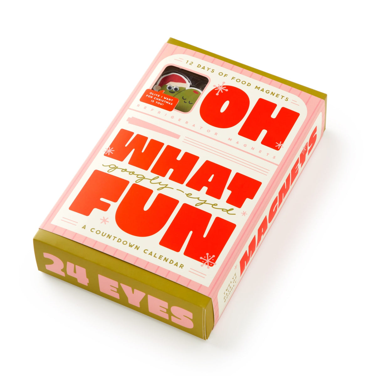 The Brass Monkey Oh What Googly-Eyed Fun Magnet Countdown Calendar features 12 days of food magnets with googly eyes in pink, red, and green packaging that notes 24 eyes and magnets on the sides.