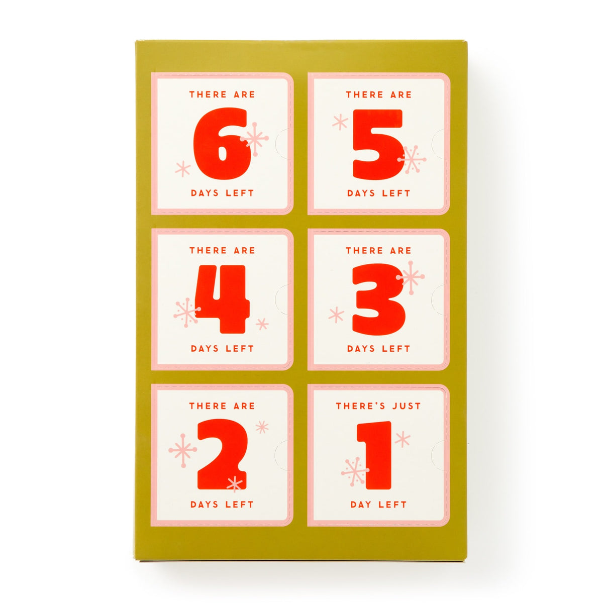A grid of six cards on a green background features the Brass Monkey Oh What Googly-Eyed Fun Magnet Countdown Calendar, each card showing bold red numbers: 6 days left, 5 days left, down to just 1 day remaining.
