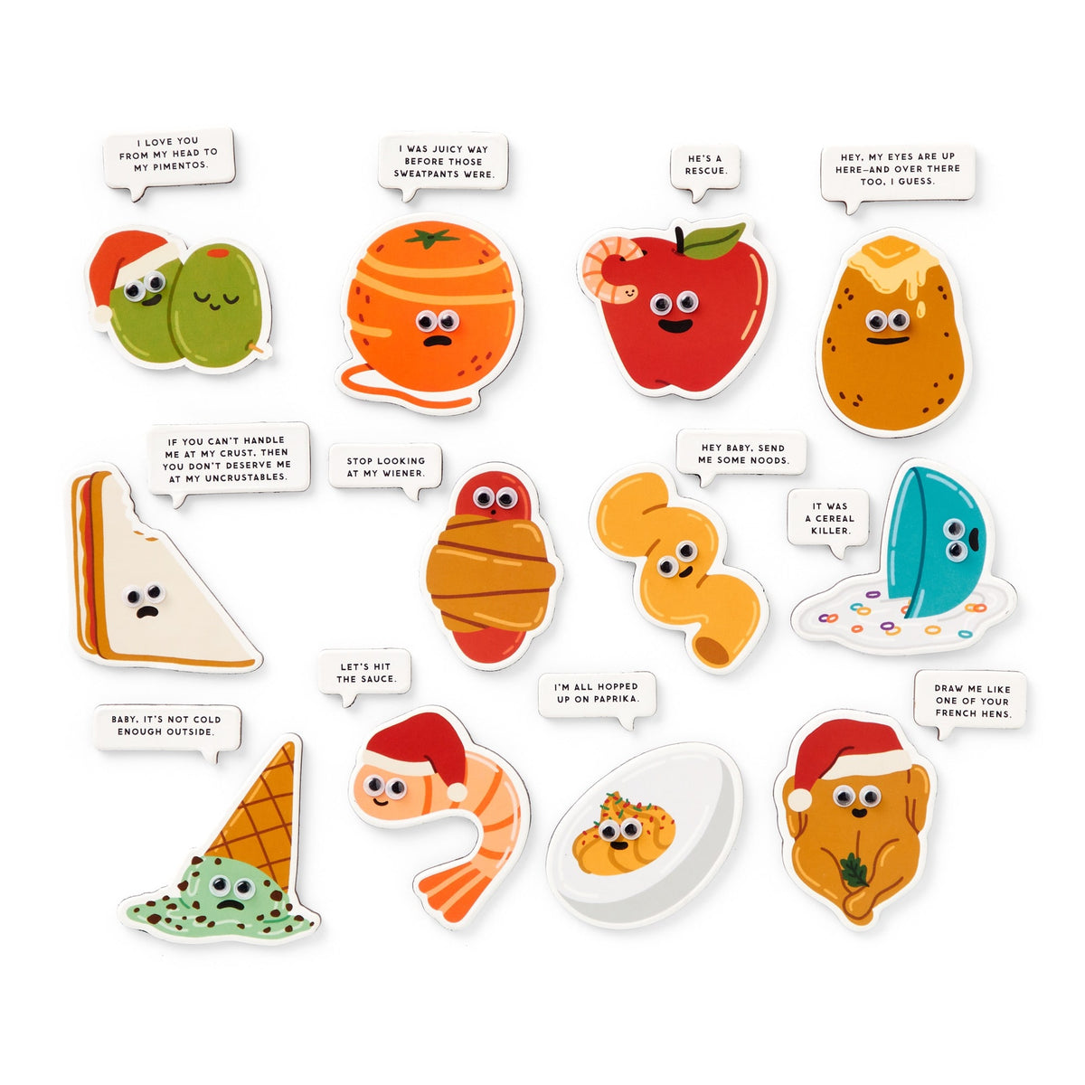 The Oh What Googly-Eyed Fun Magnet Countdown Calendar by Brass Monkey includes 14 playful cartoon food magnets with googly eyes and pun-filled speech bubbles, featuring fruits, sandwiches, pasta, and desserts in festive designs.
