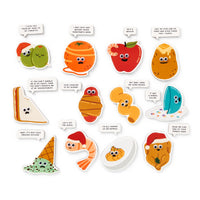 The Oh What Googly-Eyed Fun Magnet Countdown Calendar by Brass Monkey includes 14 playful cartoon food magnets with googly eyes and pun-filled speech bubbles, featuring fruits, sandwiches, pasta, and desserts in festive designs.