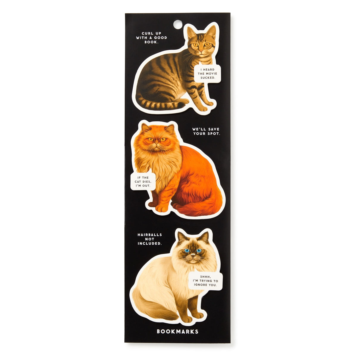 The Brass Monkey Moody Cats Magnetic Bookmark Set features three illustrated cat bookmarks on black, each with witty speech bubbles: “I heard the next chapter is incredible,” “We’ll save your spot,” and “Shhh, I’m here to remind you.”.