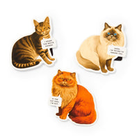 The Moody Cats Magnetic Bookmark Set by Brass Monkey features three illustrated cats, each holding a sign: “I heard the movie sucked,” “Shhh, I’m trying to ignore you,” and “If the cat dies, I’m out.”.