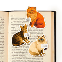 The Moody Cats Magnetic Bookmark Set by Brass Monkey features three illustrated cat bookmarks, each with a funny saying: "I fit, I sit," "I have mixed feelings about you," and "Shhh... I'm trying to ignore you.