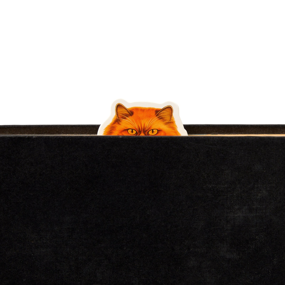 A Moody Cats Magnetic Bookmark by Brass Monkey, featuring bright orange fur and yellow eyes, peeks over a closed black book so only the cat's eyes and ears are visible.