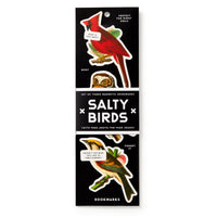 The Brass Monkey Salty Birds Magnetic Bookmark Set includes three bookmarks with illustrated birds, speech bubbles, and playful captions, all packaged on a black card labeled "Salty Birds Bookmarks.