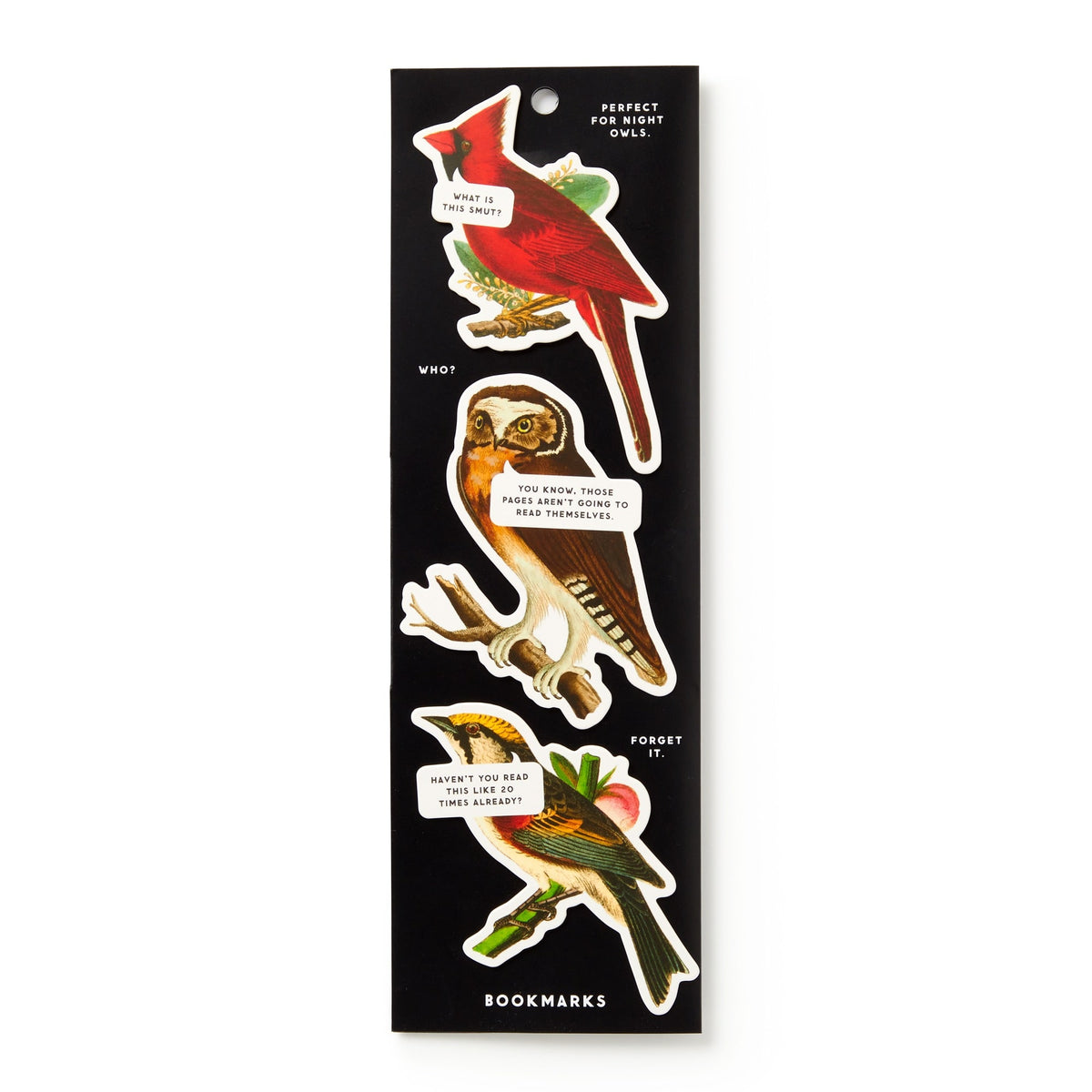 The Brass Monkey Salty Birds Magnetic Bookmark Set features four illustrated bird bookmarks with funny speech bubbles, displayed on a black card reading "PERFECT FOR NIGHT OWLS" at the top and "BOOKMARKS" at the bottom.