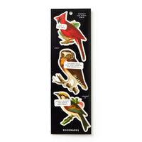 The Brass Monkey Salty Birds Magnetic Bookmark Set features four illustrated bird bookmarks with funny speech bubbles, displayed on a black card reading "PERFECT FOR NIGHT OWLS" at the top and "BOOKMARKS" at the bottom.