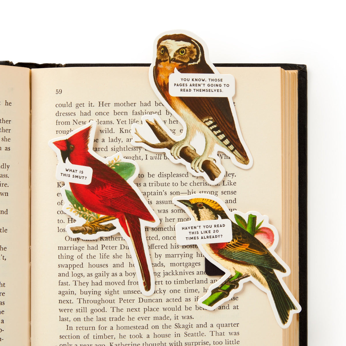 Three Salty Birds Magnetic Bookmarks by Brass Monkey sit on an open book, each with quirky speech bubbles: "What is this smut?", "Those pages won’t read themselves," and "Haven’t you read this already?.