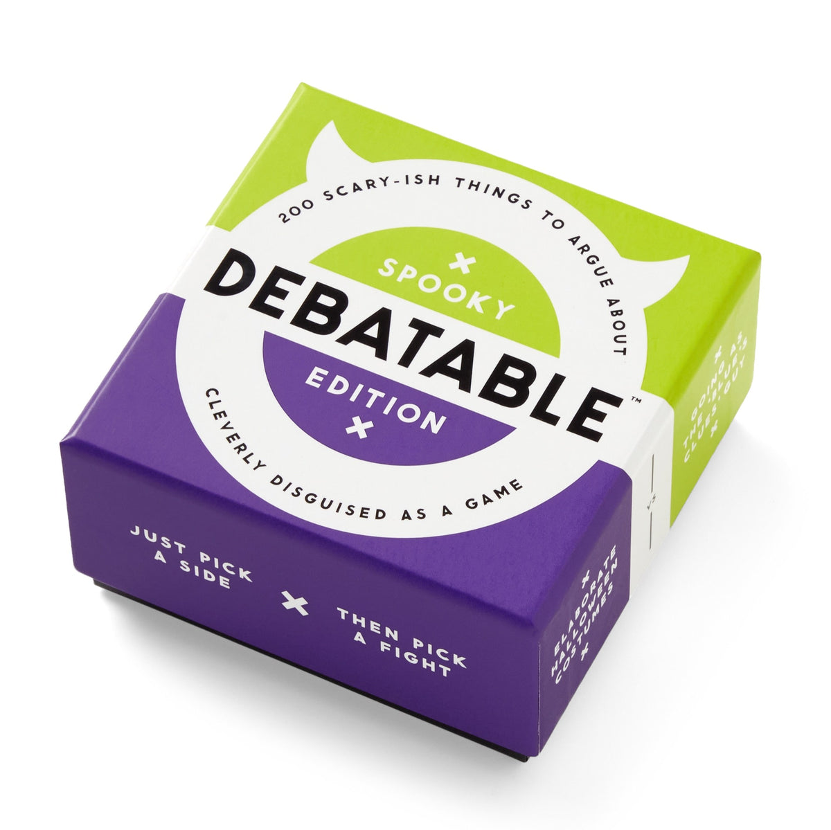 Debatable Spooky Edition by Brass Monkey comes in a green and purple box and includes 200 scary-ish topics to argue about. Just pick a side—then pick a fight, cleverly disguised as a game.